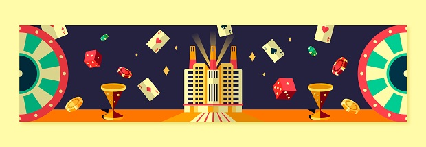 banner with roulettes on the sides, casino chips, cards and dice raining down and a hotel-like building in the middle